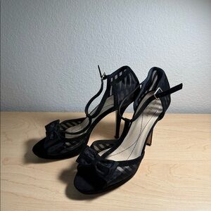Kate Spade Black Suede Mesh Bow Detail Open Toe Stiletto Heel Platform Pumps